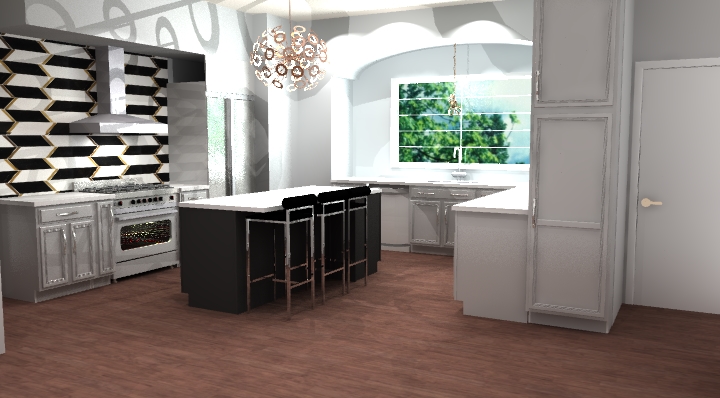 two tone kitchen with island with black white and gold backsplash